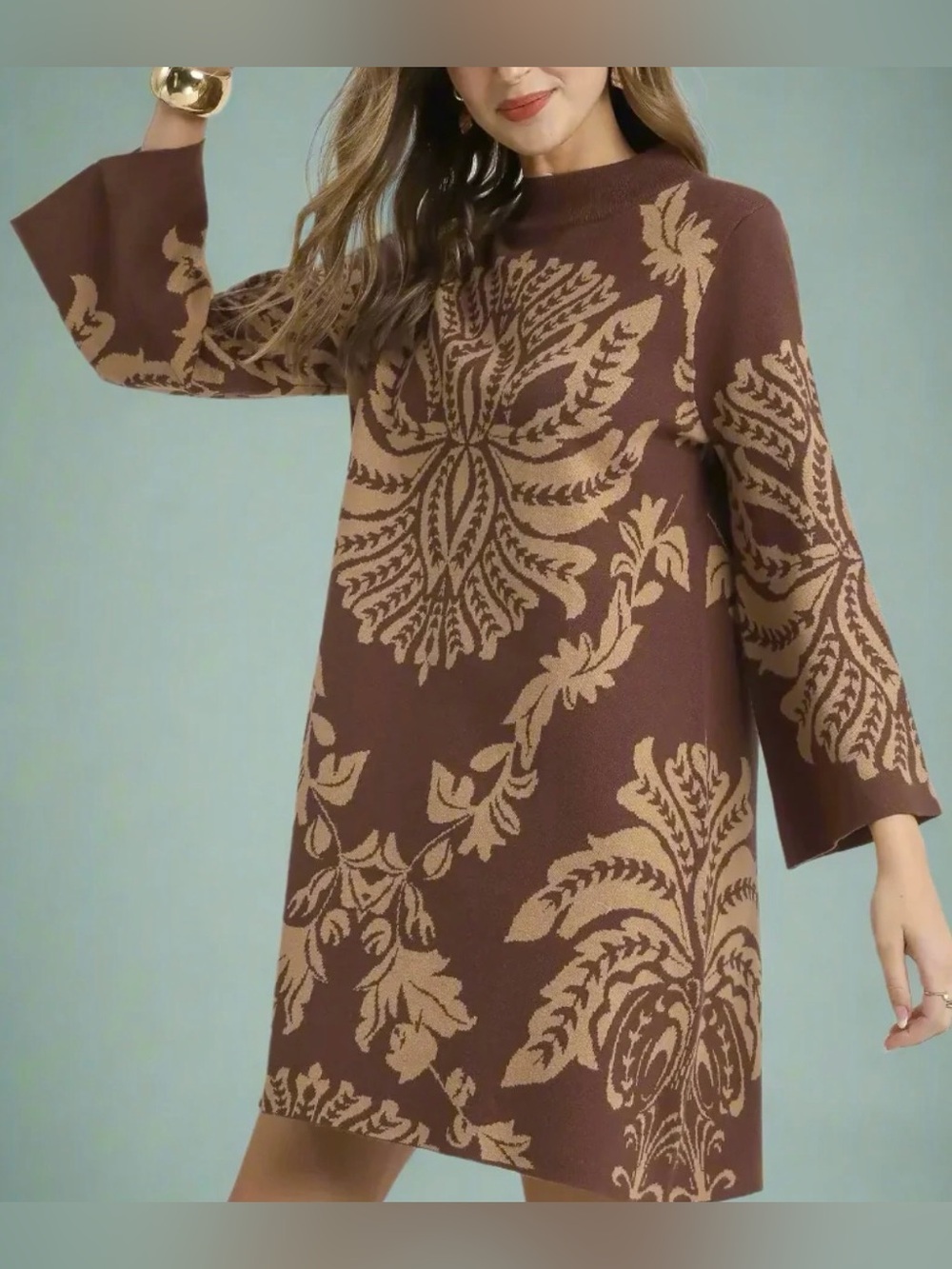 UMGEE Sweater Dress M Medium Brown Two Tone Abstract Print Knit Mock Neck Mini